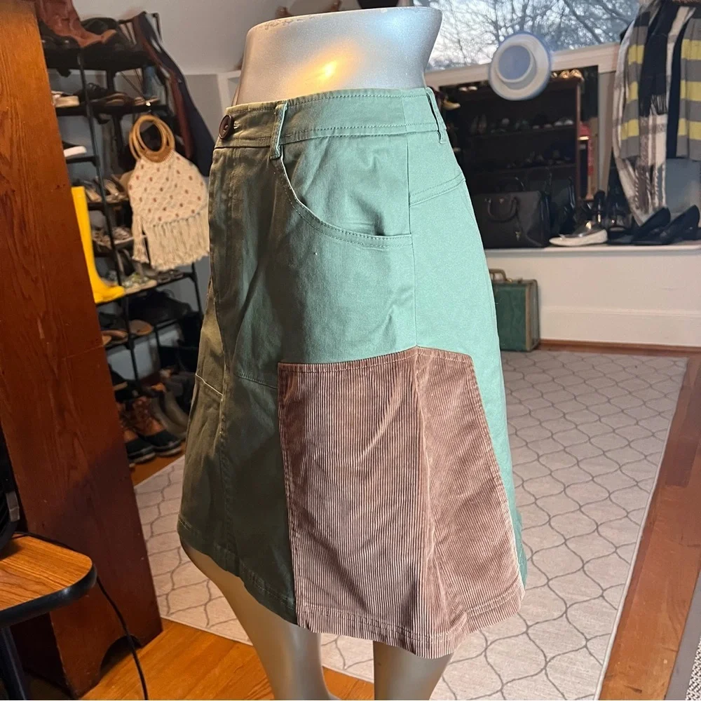 Meadow Rue Anthropologie Green Brown A-Line Patchwork Quilted Pocket Skirt Sz 4 - Picture 4 of 9